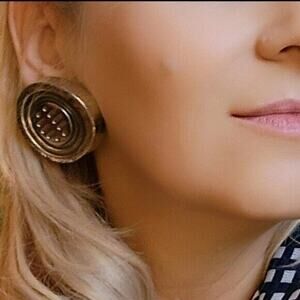 Vintage Rare 70’s Silver Gold Tone Chinese Symbol Large Clip-On Earrings